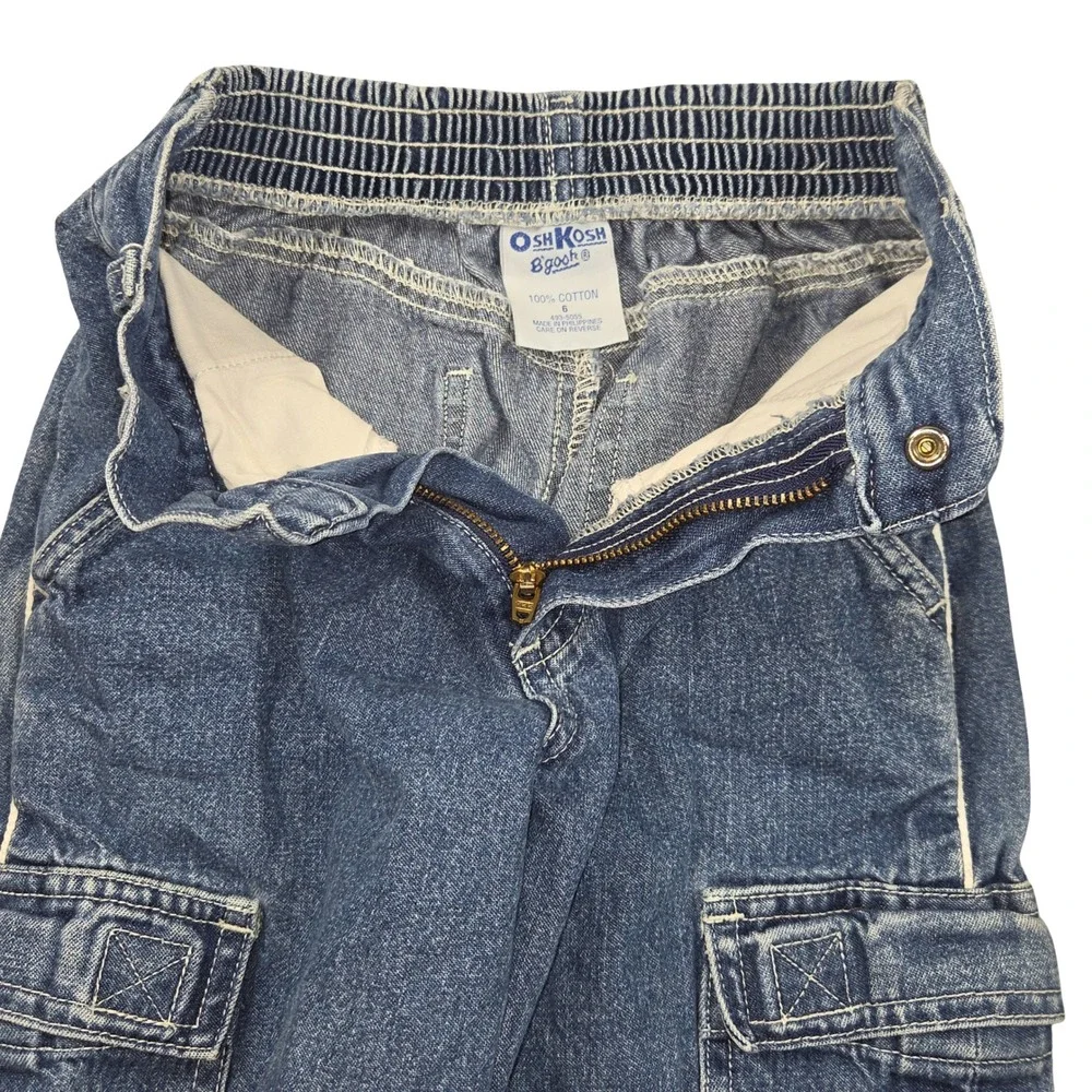 Vintage OshKosh Bgosh Boys Blue Denim Cargo Jeans Size 6 90s Side Stripe Pockets